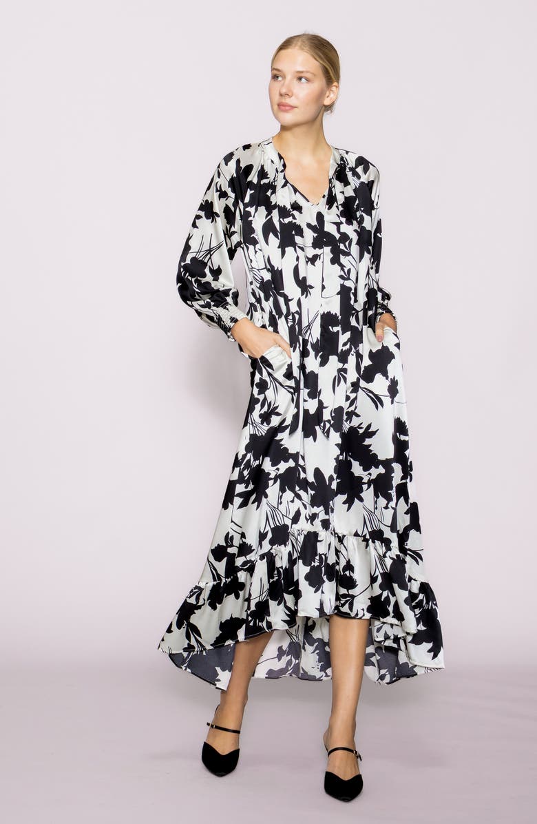 MELLODAY Tie Neck Long Sleeve High-Low Dress, Alternate, color, Ivory Black