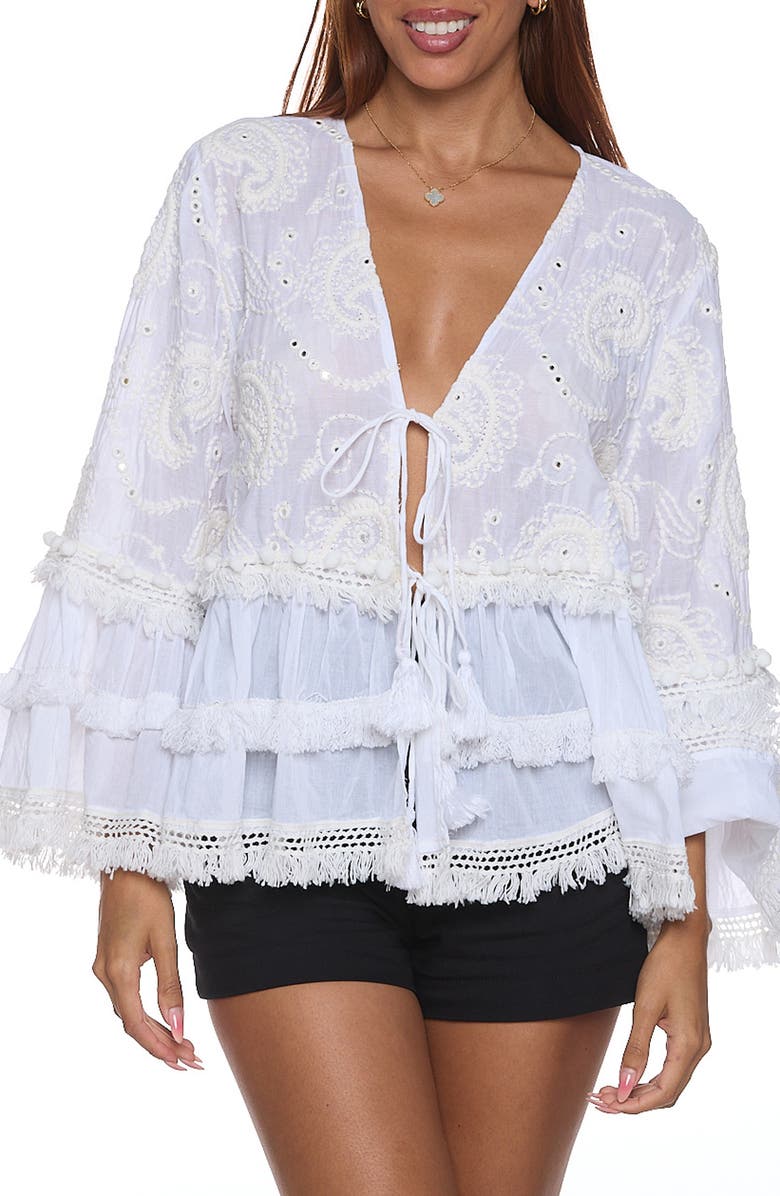 RANEES Ruffle Sleeve Cover-Up Top, Main, color, White