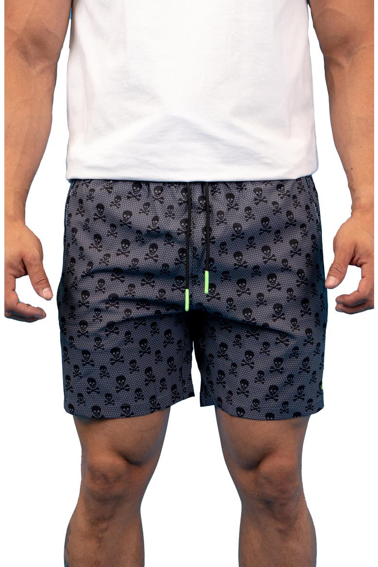 Swim Lion Skull & Crossbones Swim Trunks, Main, color, GREY