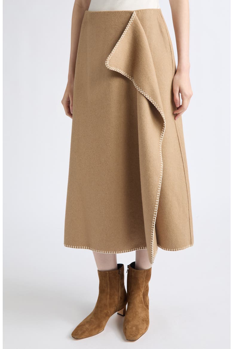 Blanket Stitch Wool Blend Wrap Midi Skirt, Alternate, color, CAMELETTO