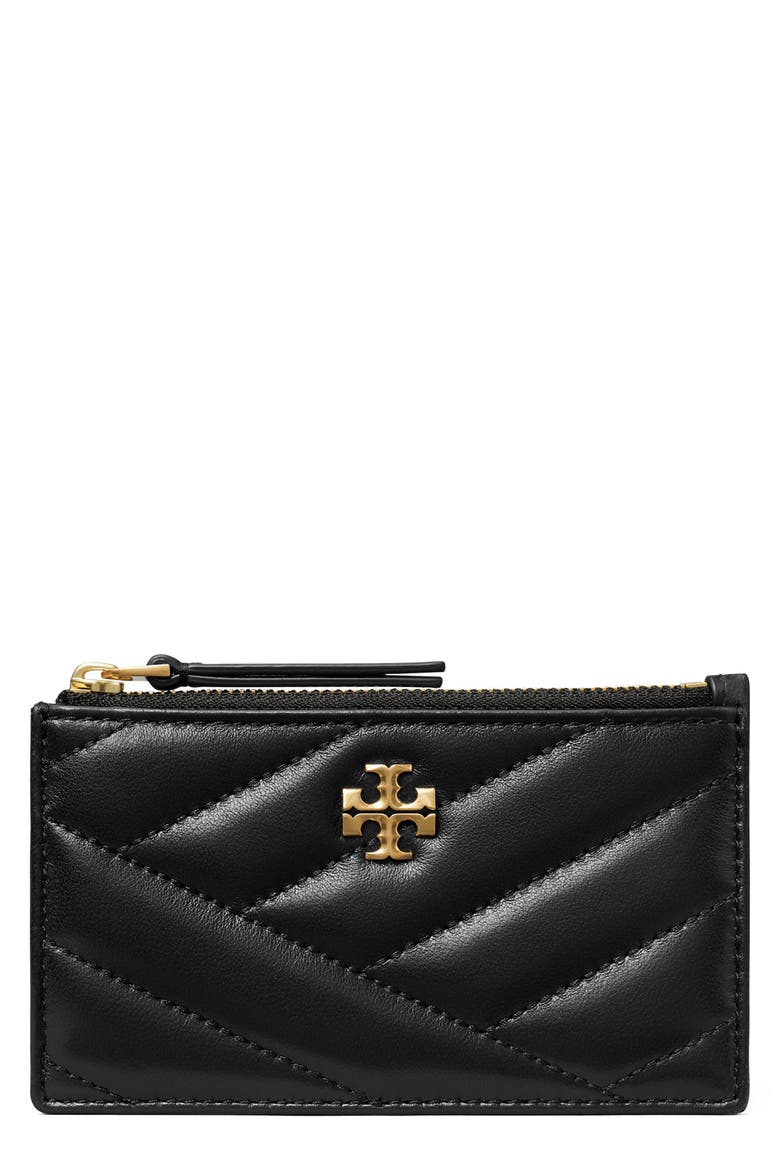 Kira Chevron Quilted Leather Zip Card Case, Main, color, BLACK