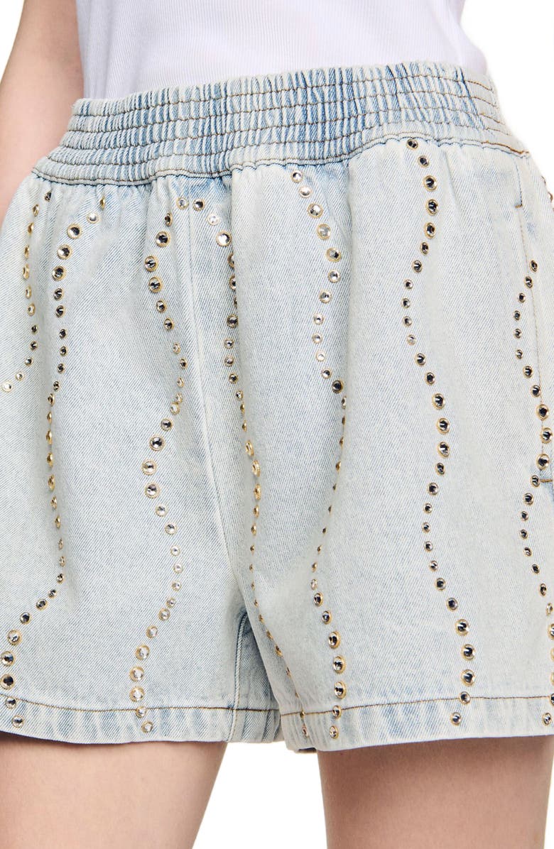 SANDRO Beaded and rhinestone denim shorts, Alternate, color,