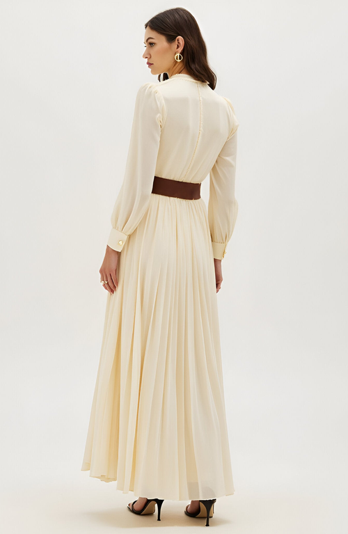 Modenaire Pleated Long Sleeve Maxi Dress With Ruffle Neck And Button Front In Neutral