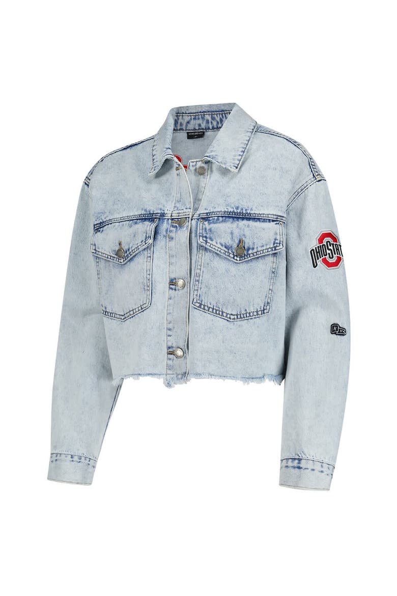 Women's Hype and Vice Denim Ohio State Buckeyes Lightwash Cropped Button-Up Jean Jacket, Alternate, color, Denim