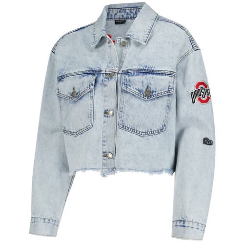 Hype And Vice Denim Ohio State Buckeyes Lightwash Cropped Button-up Jean Jacket In Blue