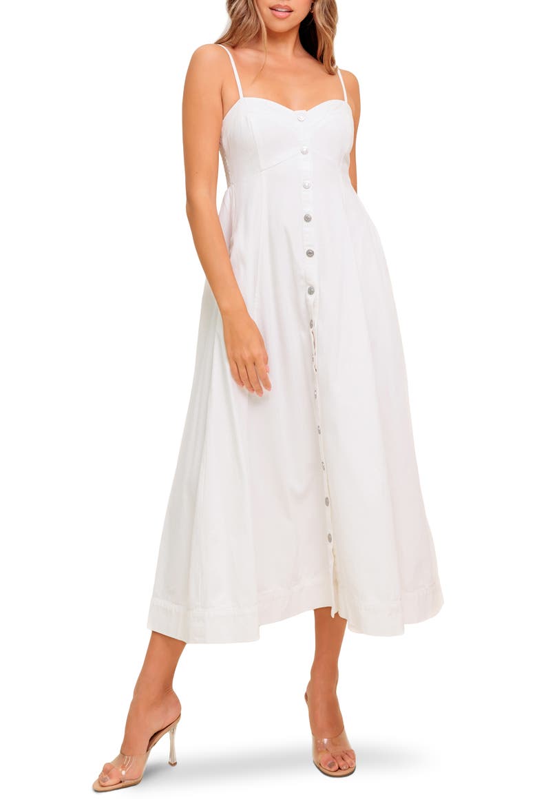 Denim Button Front Midi Dress, Main, color, WHITE