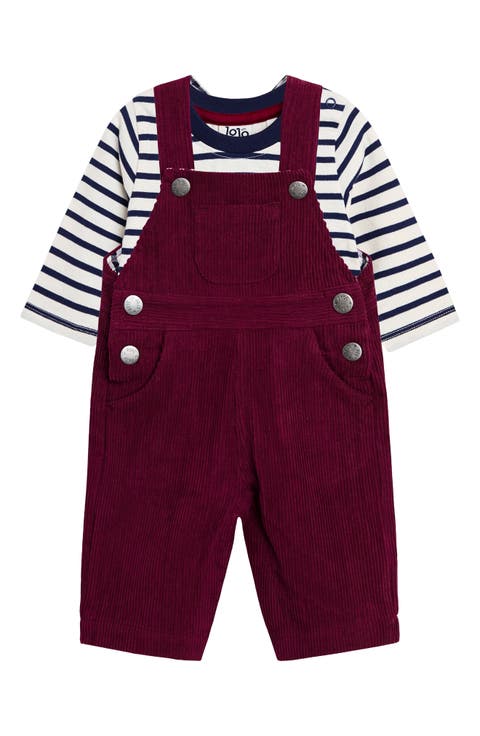Stripe Long Sleeve Cotton T-Shirt & Corduroy Overalls Set (Baby)