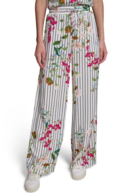 Stripe Flower Print Wide Leg Pants