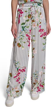 KARL LAGERFELD PARIS Stripe Flower Print Wide Leg Pants