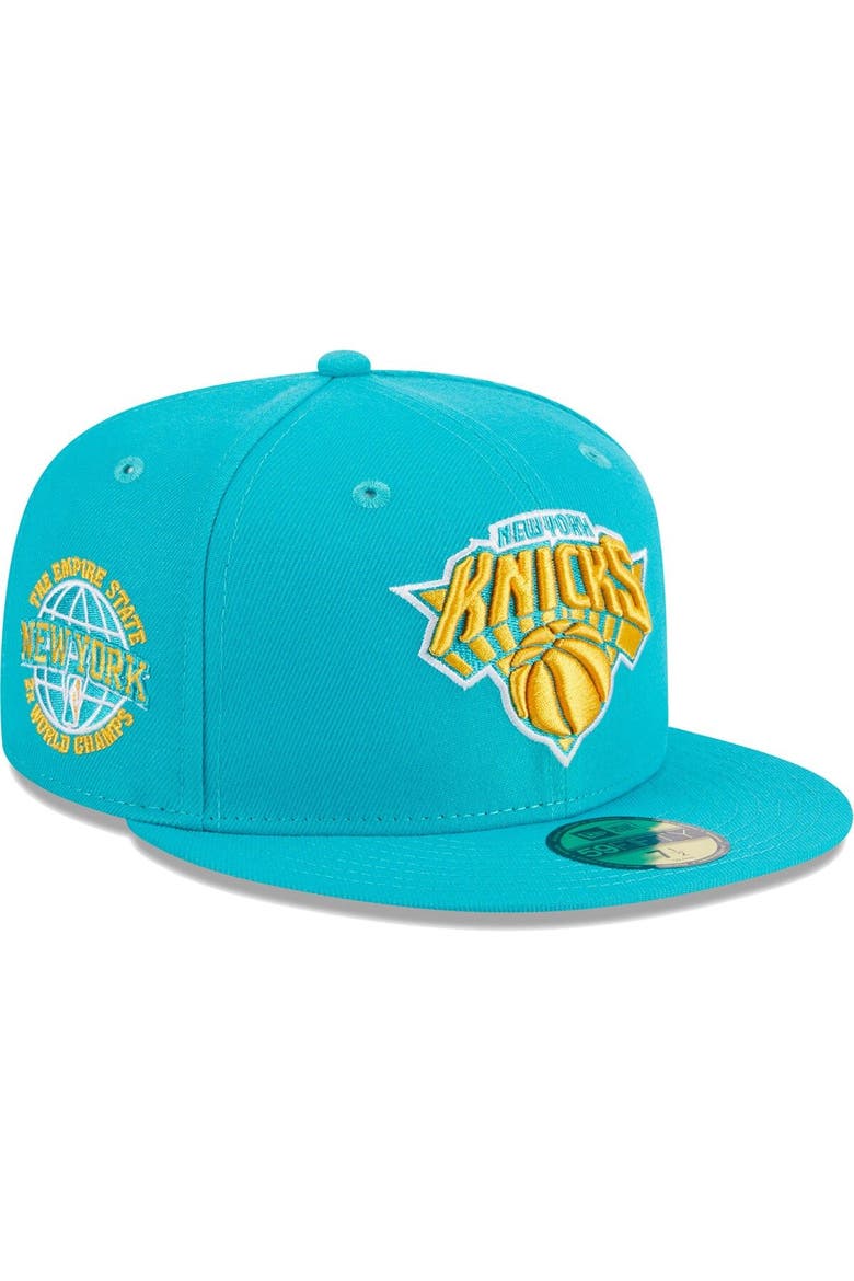 Men's New Era Turquoise New York Knicks 2-Time Champions Breeze Grilled Yellow Undervisor 59FIFTY Fitted Hat, Main, color, Turquoise