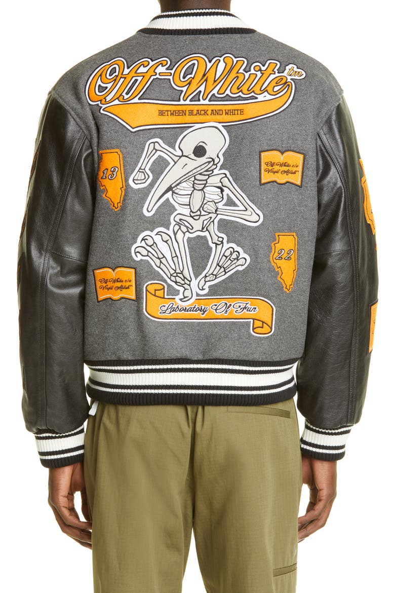 Logo Leather Sleeve Varsity Jacket, Alternate, color, MEDIUM GREY MULTICOLOR