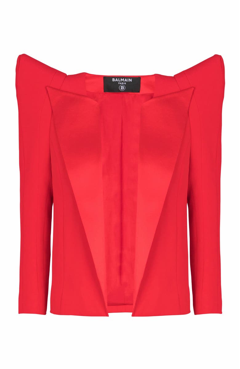 Balmain Cropped Crepe Jacket With Structured Shoulders, Main, color, Red
