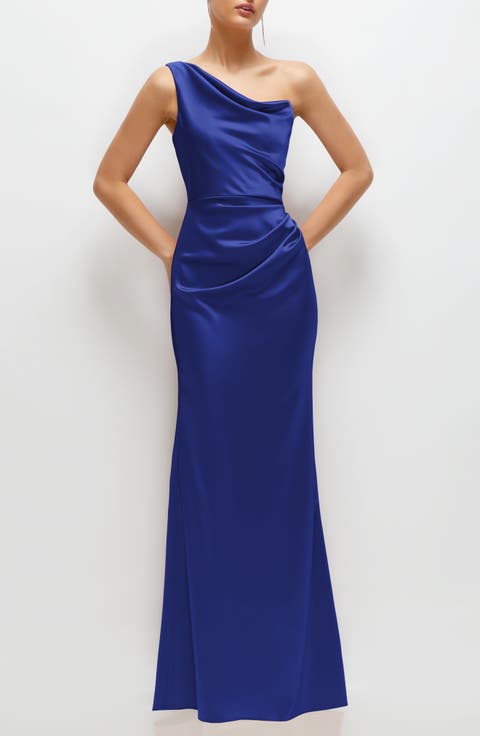 One-Shoulder Satin Charmeuse Gown (Regular & Plus)