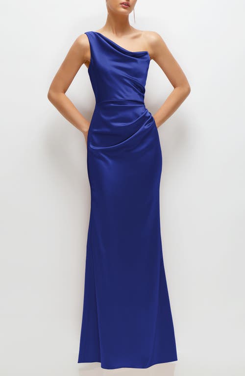 After Six One-shoulder Satin Charmeuse Gown In Cobalt Blue