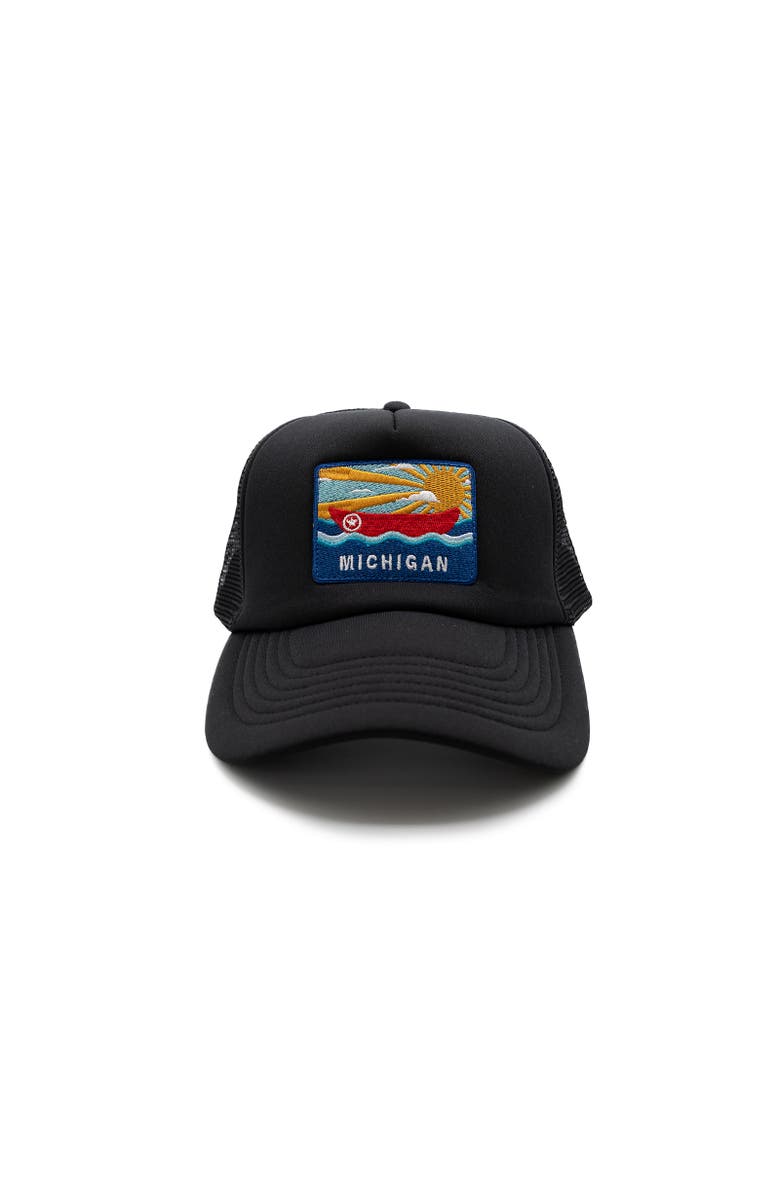 Rey To Z Michigan Postcard Trucker Hat, Main, color, Black & White