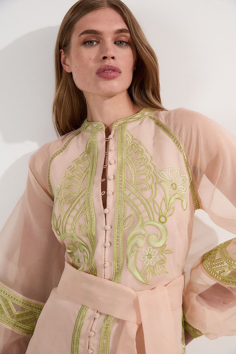 Embroidered Mandarin Collar Midi Dress, Alternate, color, Lime