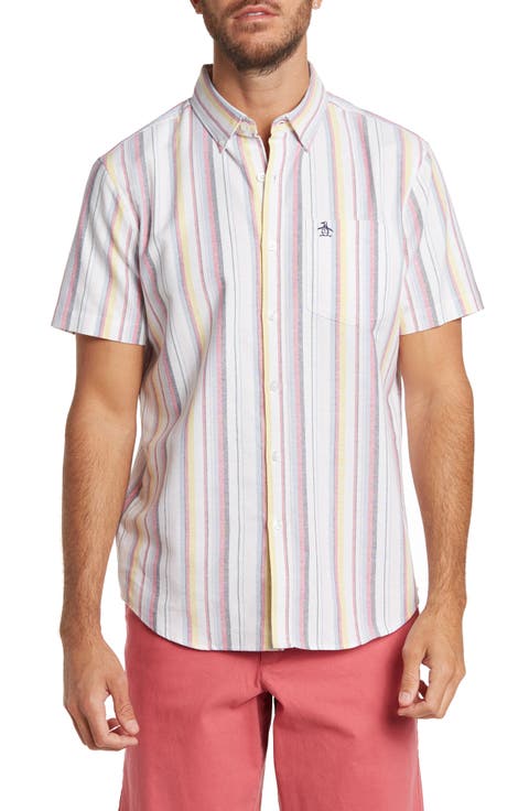 Vertical Stripe Short Sleeve Button-Up Shirt