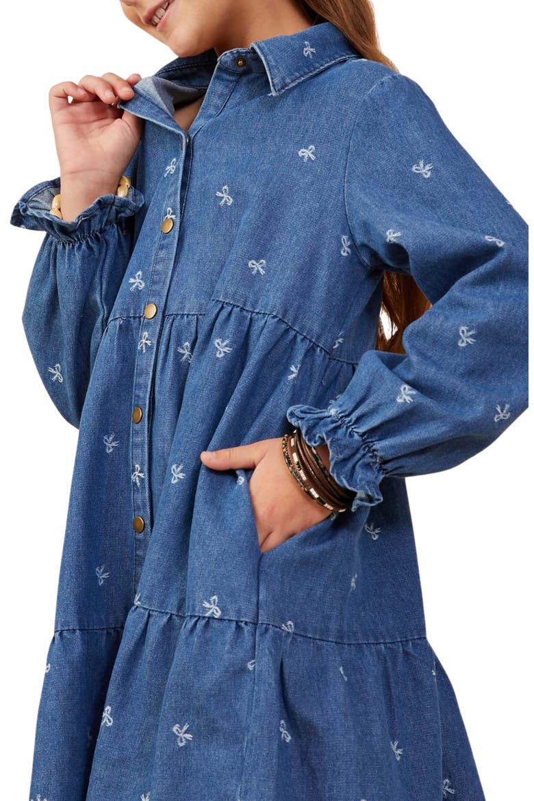 Kids' Bow Print Denim Tiered Shirtdress, Alternate, color, MID DENIM