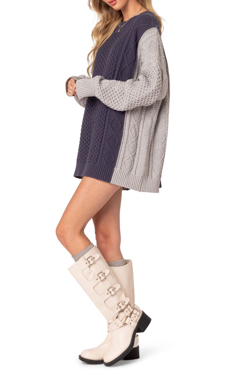 EDIKTED Two-Tone Cable Stitch Long Sleeve Mini Sweater Dress, Alternate, color, Navy-And-Gray