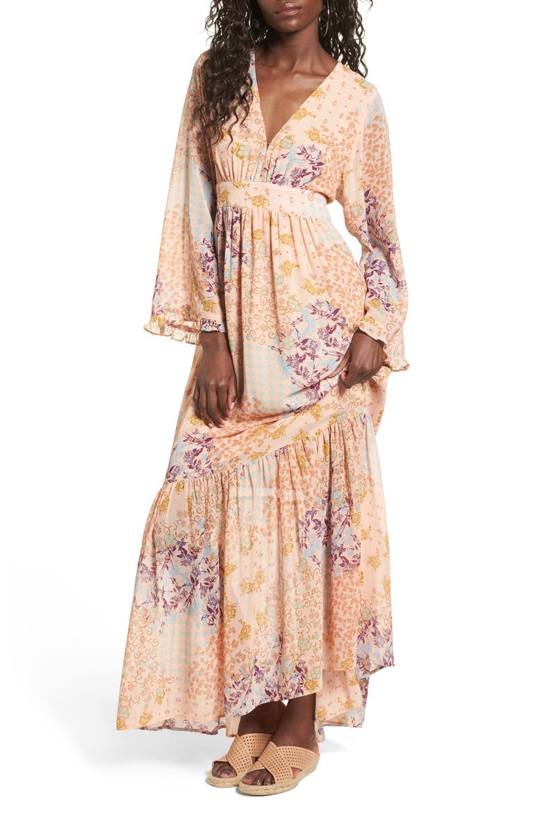 Viola Bell Sleeve Maxi Dress, Main, color, BEIGE PATCHWORK
