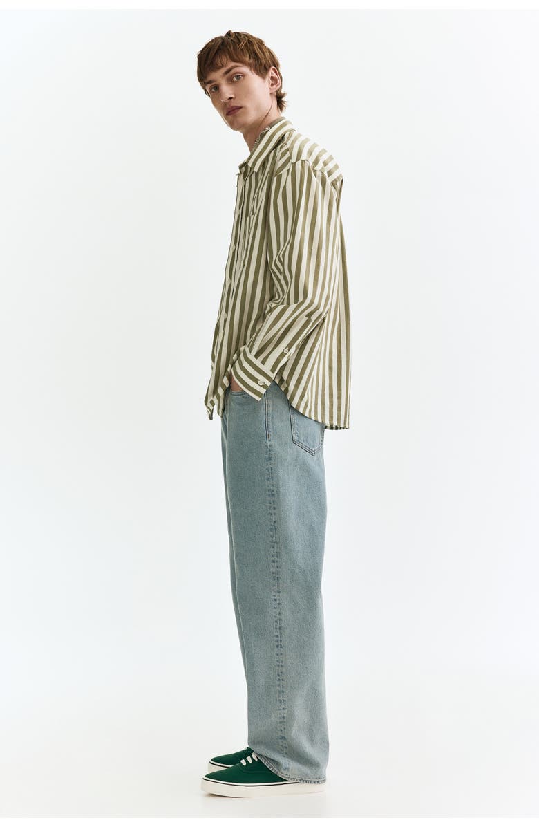 H&M Relaxed Fit Poplin Shirt, Alternate, color, Khaki Green/Striped