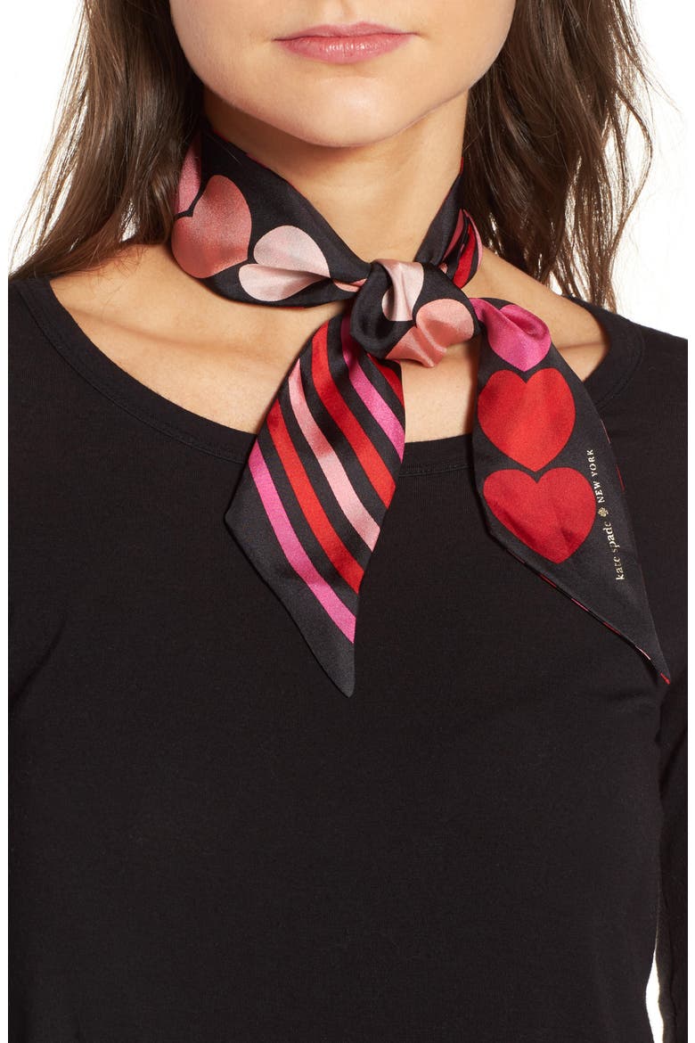 heart stripe silk skinny scarf, Main, color, BLACK