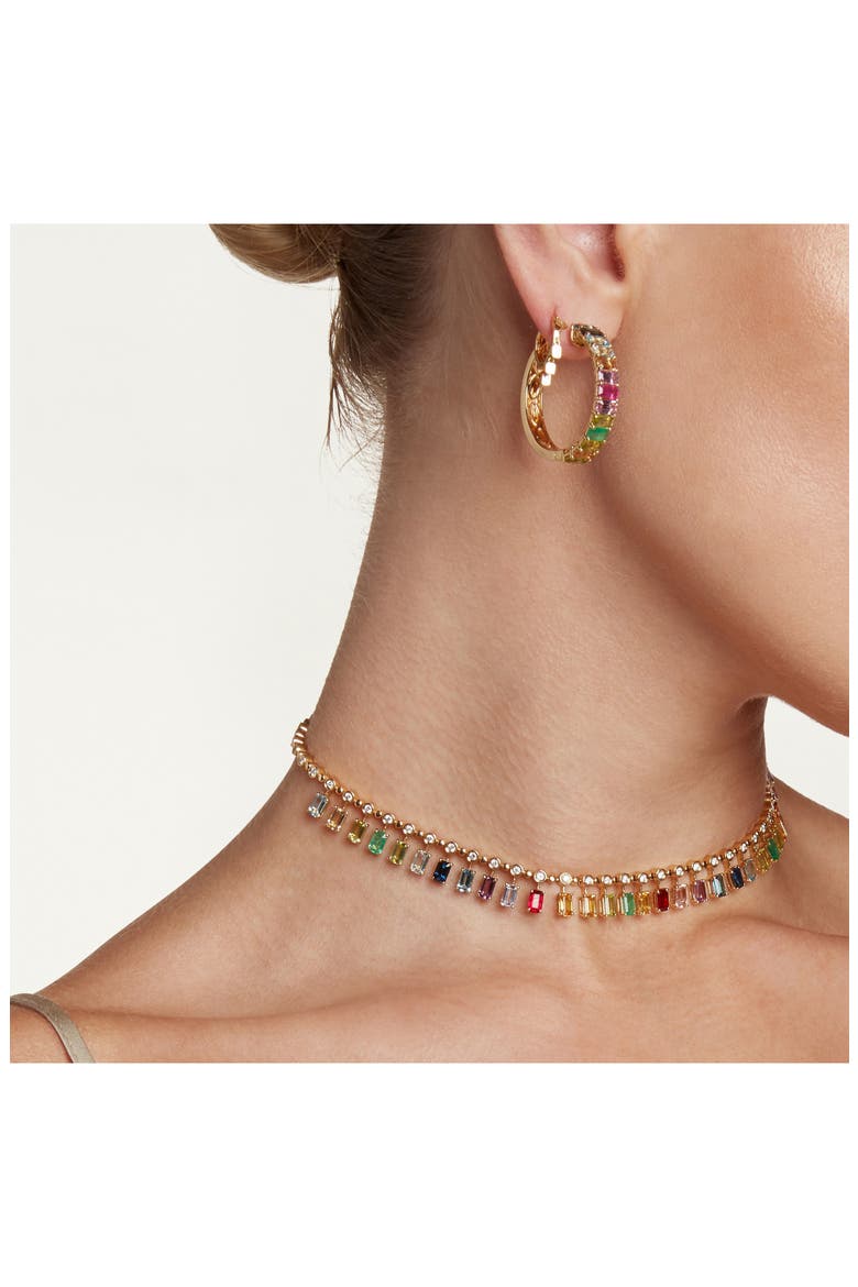Rainbow Gemstone Eternity Hoop Earrings, Alternate, color, YELLOW GOLD
