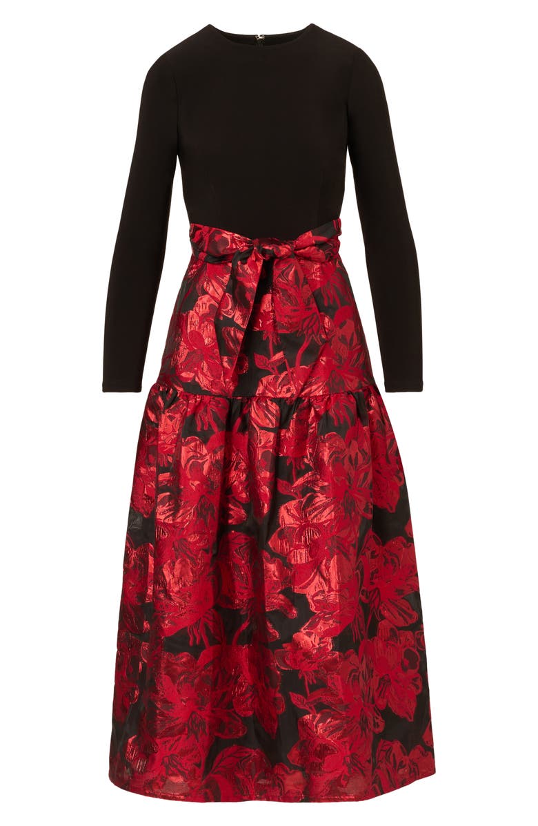 Adrianna Papell Metallic Floral Jacquard Long Sleeve Maxi Dress, Alternate, color, Black/ Red