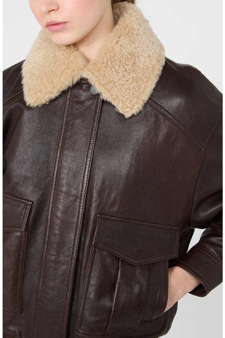 Genuine Shearling Collar Leather Bomber Jacket, Alternate, color, DARK BROWN