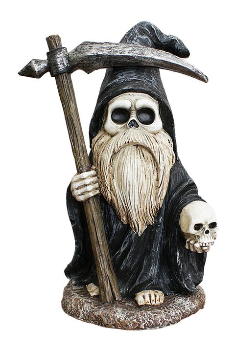 Hooded Grim Reaper Gnome Scythe Skull Figurine