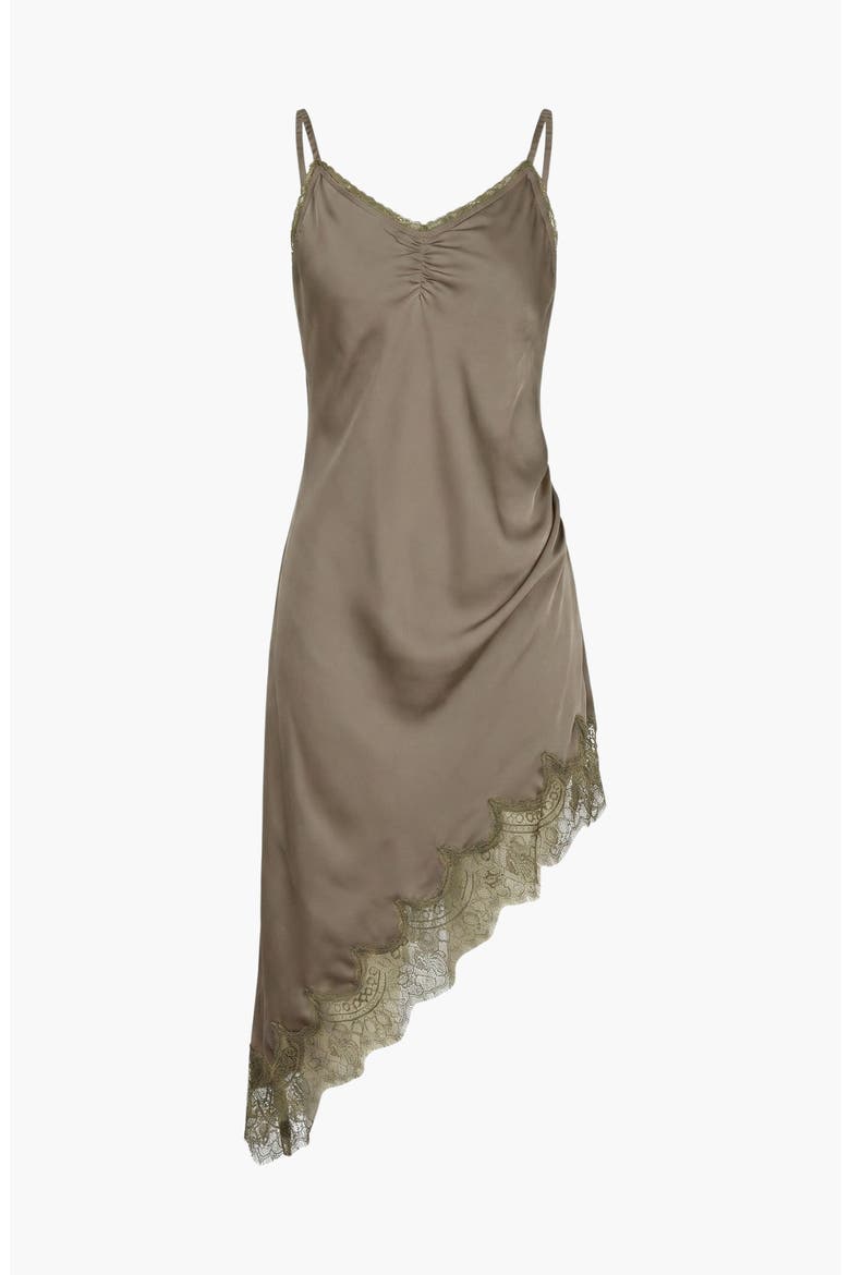Asymmetric Satin Slip Dress with Lace Trim, Alternate, color, Beige