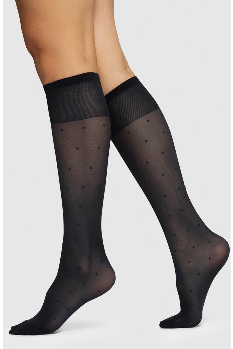 Doris Polka Dot Mesh Knee Socks, Main, color, BLACK