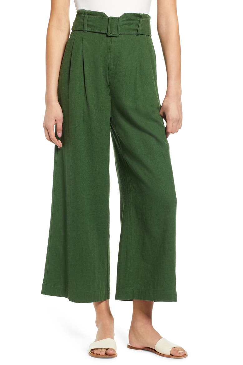 Belted Wide Leg Linen Blend Pants, Main, color, GREEN PASTURES