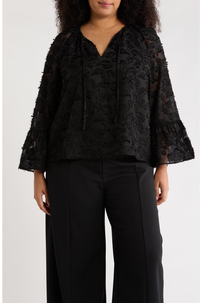 Tie Neck Long Sleeve Top, Main, color, BLACK