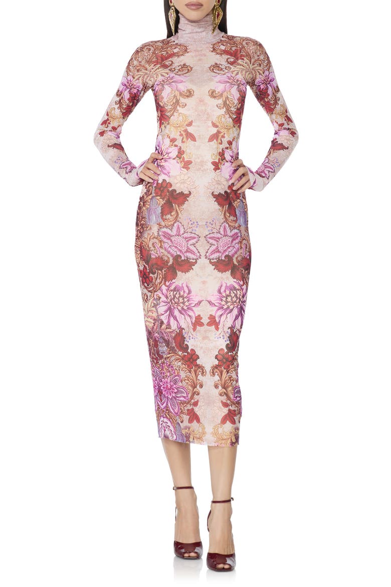 Shailene Turtleneck Midi Dress, Main, color, GOLD GUILDED FLORAL/ PINK