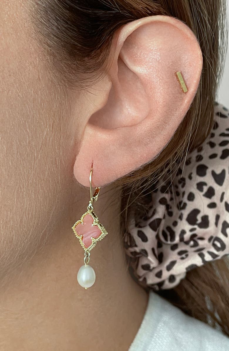 Adornia 14K Yellow Gold Vermeil Floral and 10mm Cultured Pearl Drop Earrings, Alternate, color, Pink