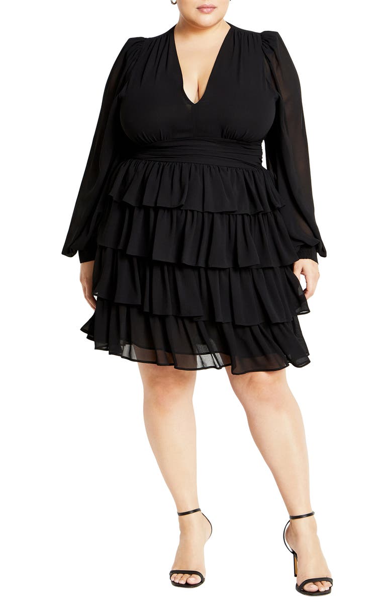 City Chic Kailey Ruffle Long Sleeve Tiered Cocktail Dress, Main, color, 