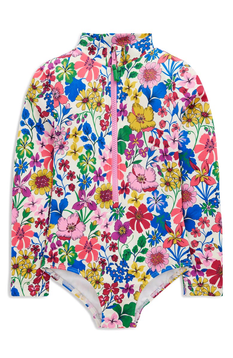 Mini Boden Floral Print Long Sleeve Swimsuit, Main, color, Multi Rainbow Floral