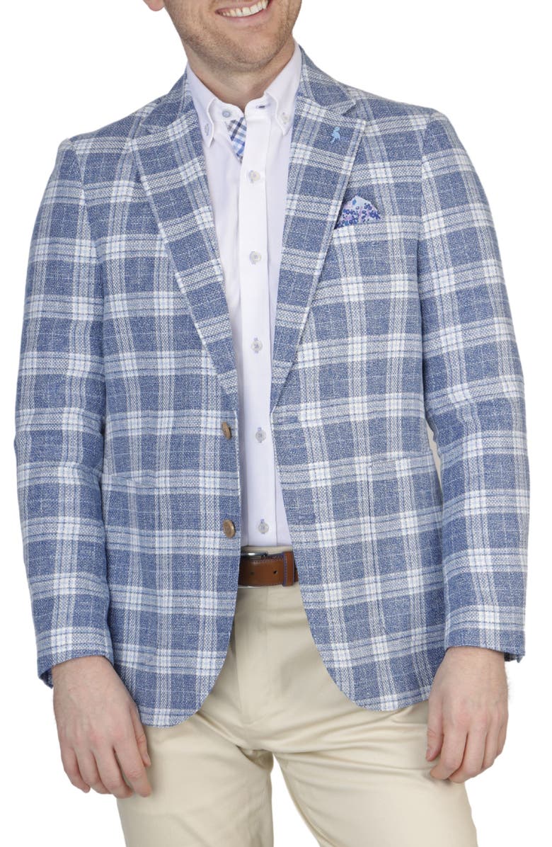 TailorByrd Blue Plaid Notch Lapel Linen Blend Sport Coat, Alternate, color, Prussian Blue