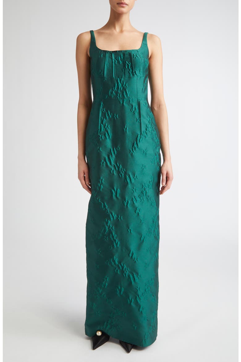 Sharon Sleeveless Ditsy Metallic Floral Jacquard Column Gown, Main, color, EMERALD GREEN