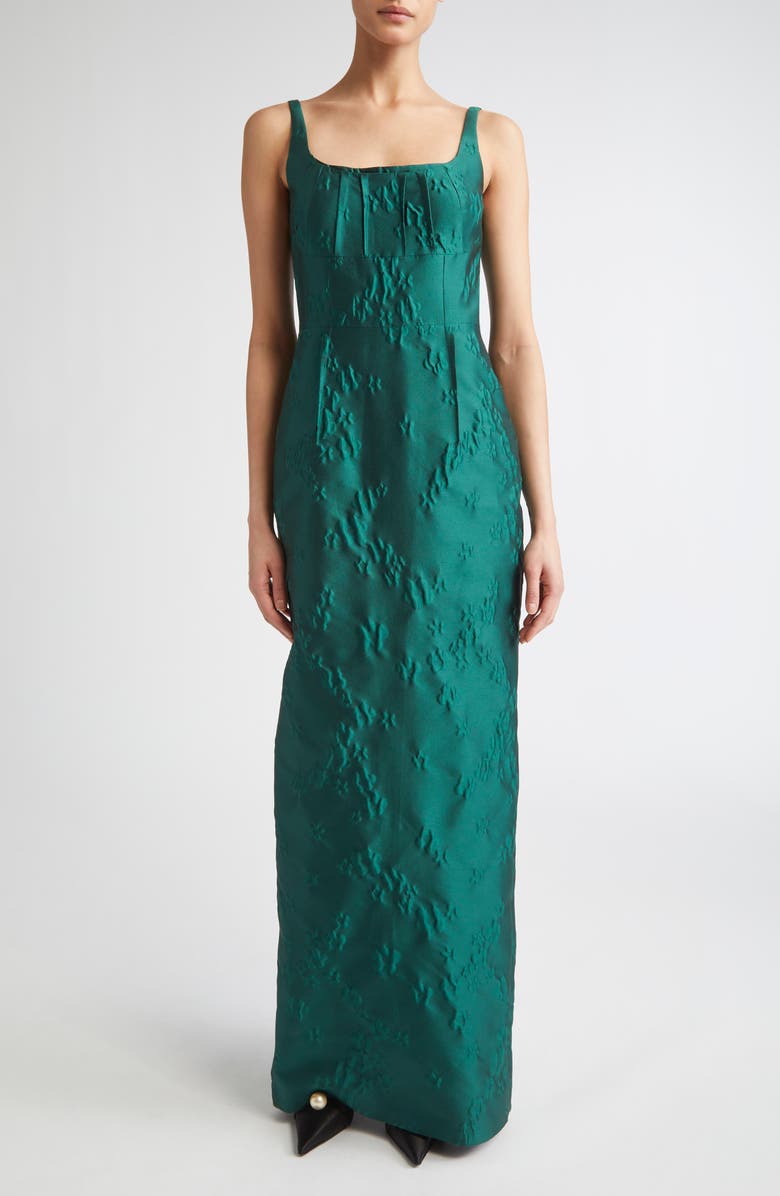 Emilia Wickstead Sharon Sleeveless Ditsy Metallic Floral Jacquard Column Gown, Main, color, Emerald Green