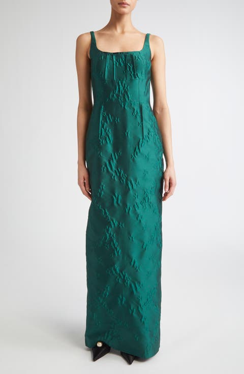 Sharon Sleeveless Ditsy Metallic Floral Jacquard Column Gown