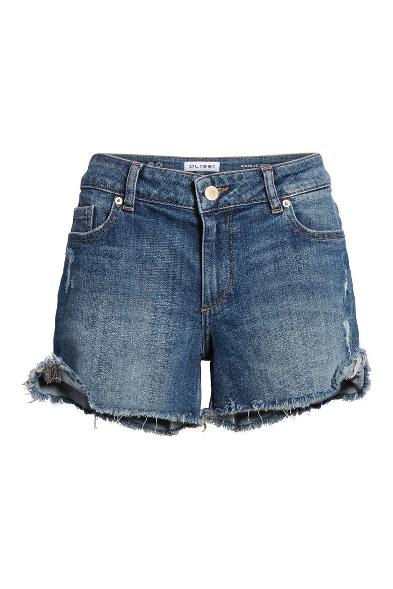 Karlie Cutoff Denim Boyfriend Shorts, Alternate, color, DARK BLUE
