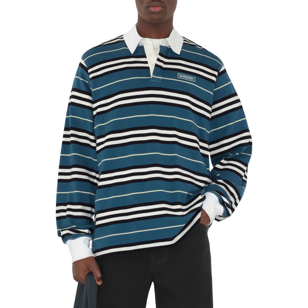 Shop Burberry Stripe Long Sleeve Cotton Polo In Anchor Pattern