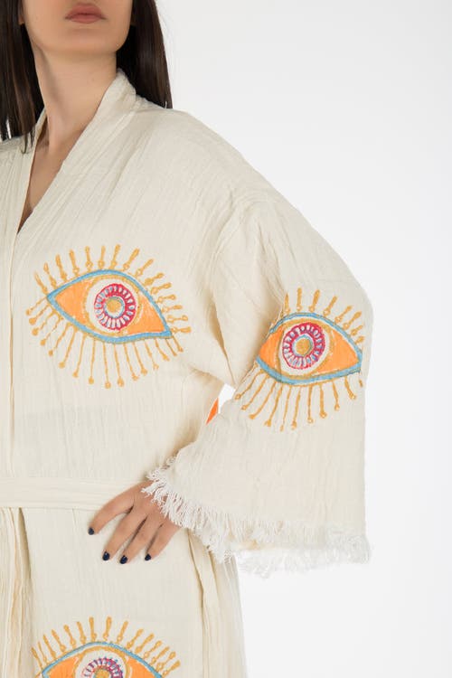 Forever & Always Shoes Aria Evil Eye Handmade Cotton Kimono In White