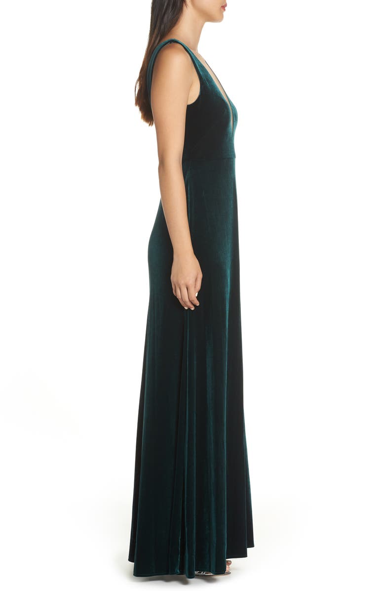 Jenny Yoo Logan Plunge Neck Velvet A-Line Gown, Alternate, color, 
