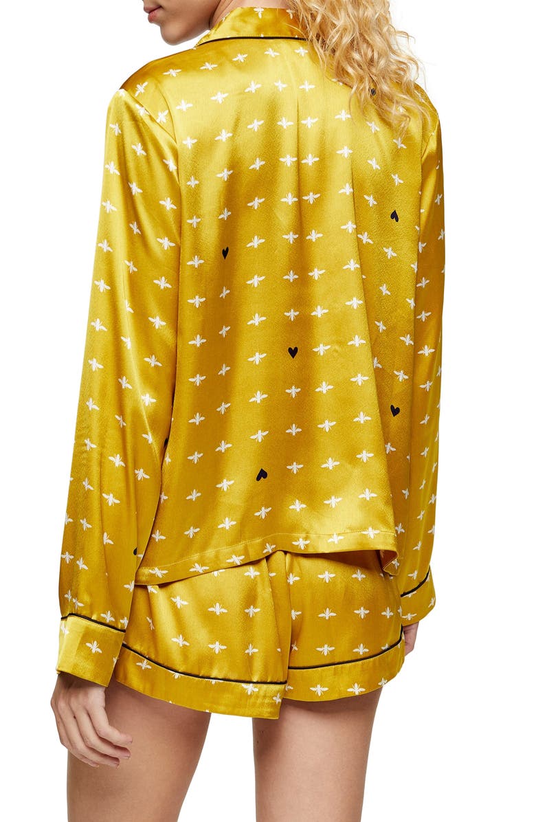 Topshop Bee Print Satin Short Pajamas, Alternate, color, 