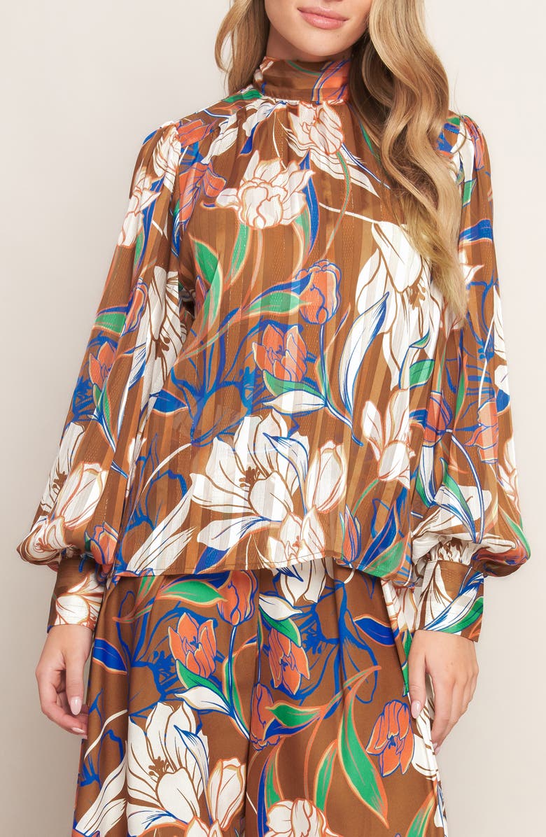 FLYING TOMATO Floral Mock Neck Long Sleeve Top, Alternate, color, Brown