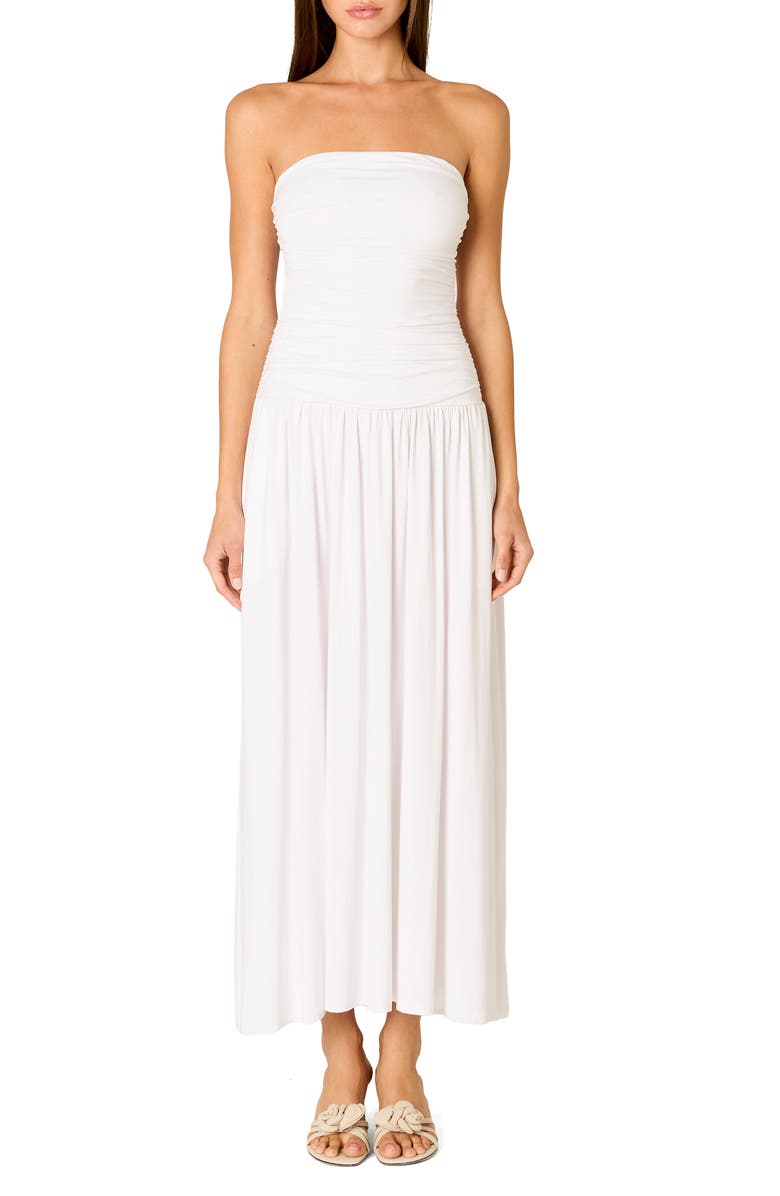 Nia Santal Ruched Strapless Midi Dress, Main, color, White