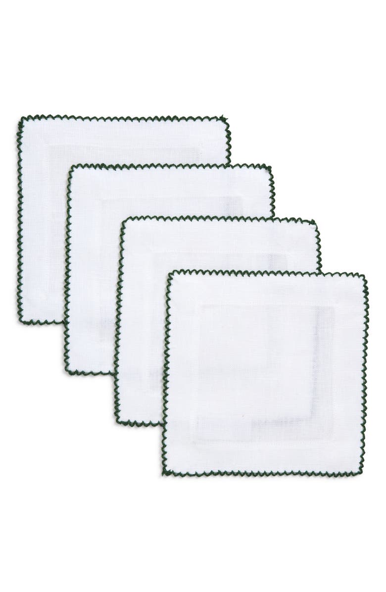 Tina Chen Designs Picot Edge Set of 4 Linen Cocktail Napkins, Main, color, Evergreen